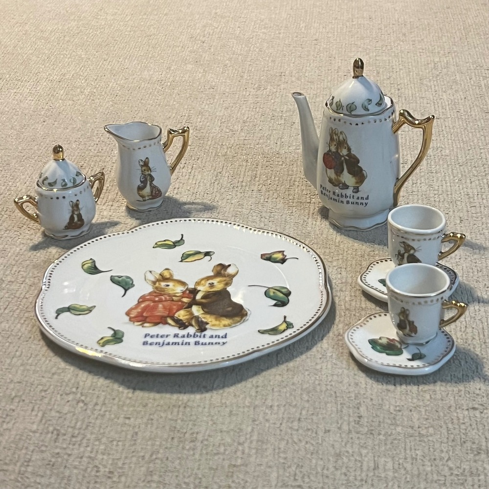 Beatrix Potter Peter Rabbit Benjamin Bunny 10 Piece Mini Tea Set Porcelain Gold